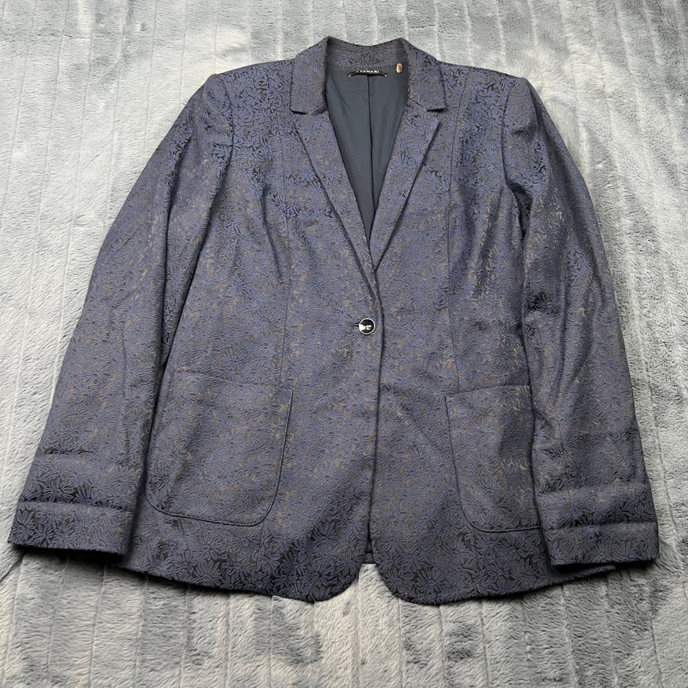 T Tahari Womens Navy Blue Floral Jacquard Single Button Blazer Jacket